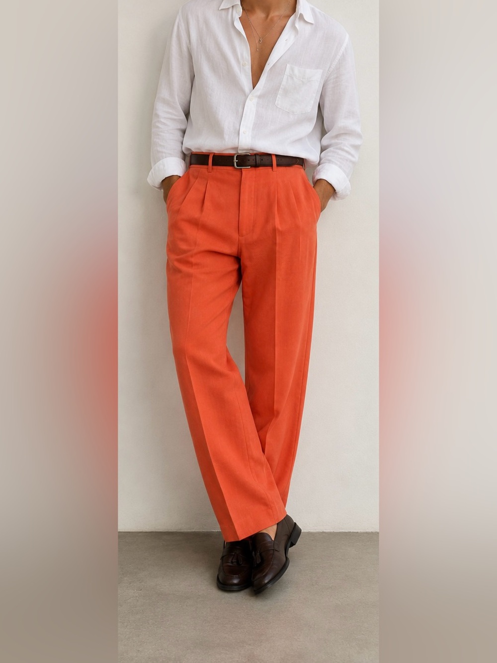 Vintage 80s West Germany Linen Blend Coral Orange High Rise Pleated Trousers 28”